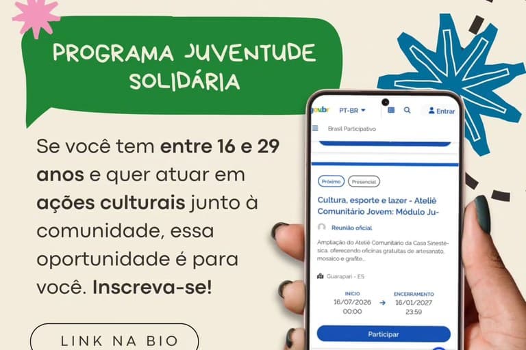 Arte do post Instagram: Ateliê Comunitário Jovem — Programa Juventude Solidária (inscrições)