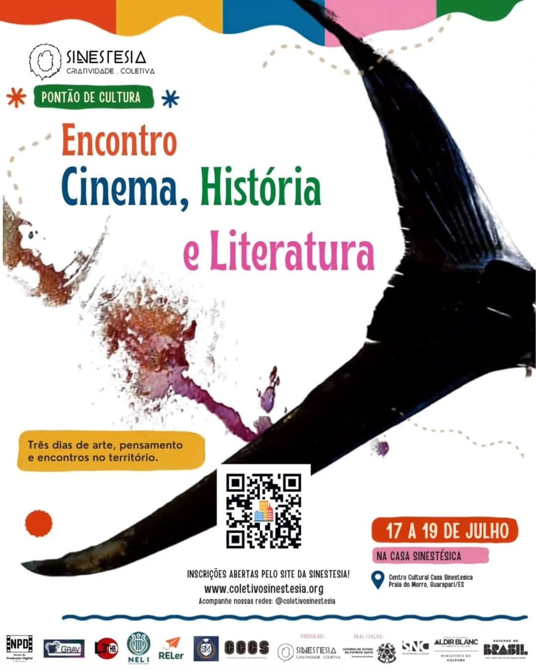 Cartaz do Encontro Cinema, História e Literatura — 17 a 19 de julho de 2026 na Casa Sinestésica, Guarapari/ES