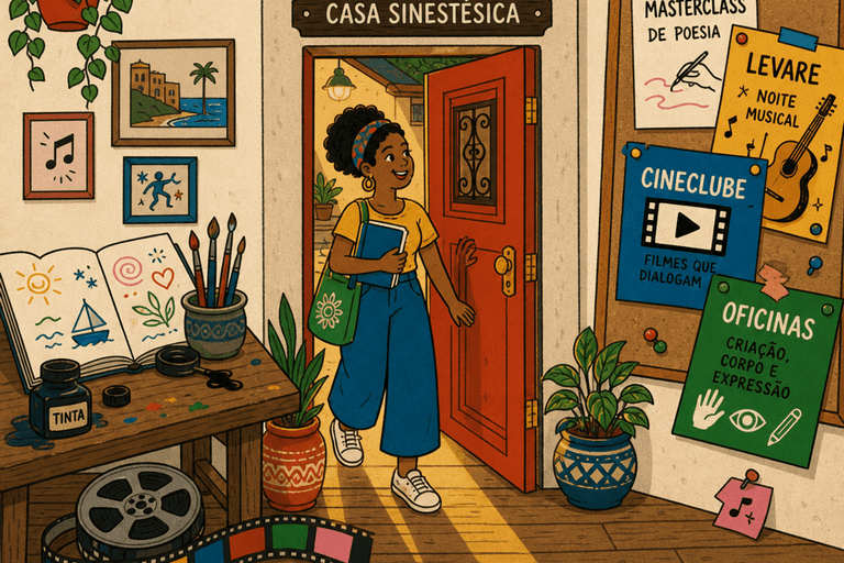 Ilustração editorial: porta da Casa Sinestésica entre o ciclo experimental e o ciclo programático — agosto, Residências Formativas