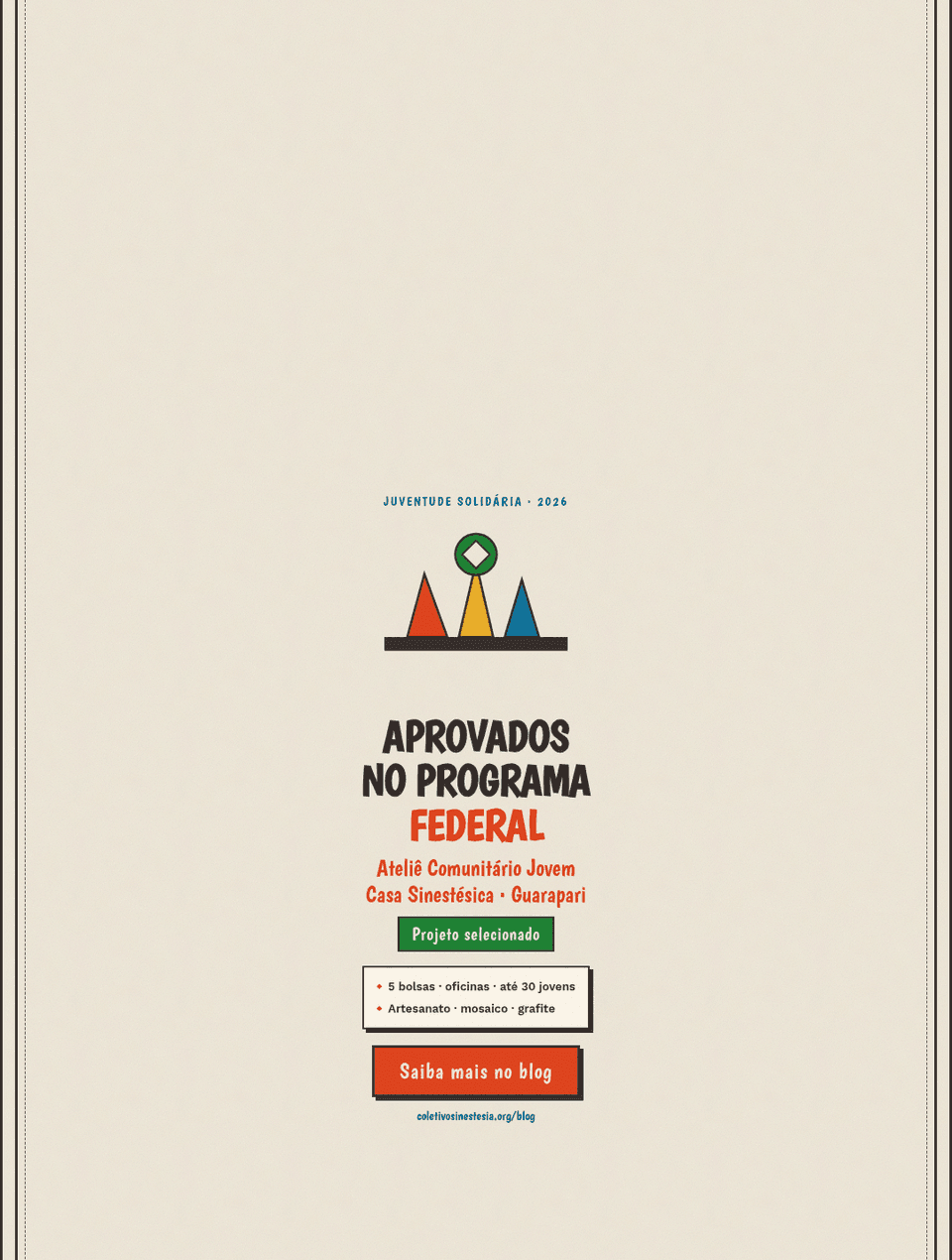 Arte cordel: Casa Sinestésica aprovada no Programa Juventude Solidária 2026 — Ateliê Comunitário Jovem, Guarapari/ES
