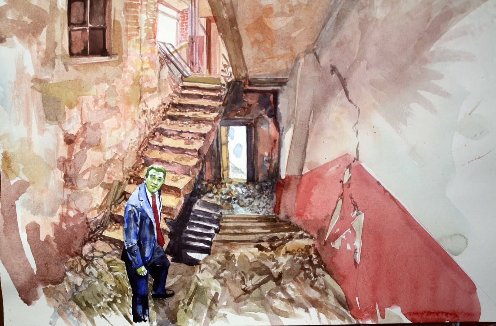 Aquarela de interior em ruínas com escadas e figura de terno — Júlio Tigre