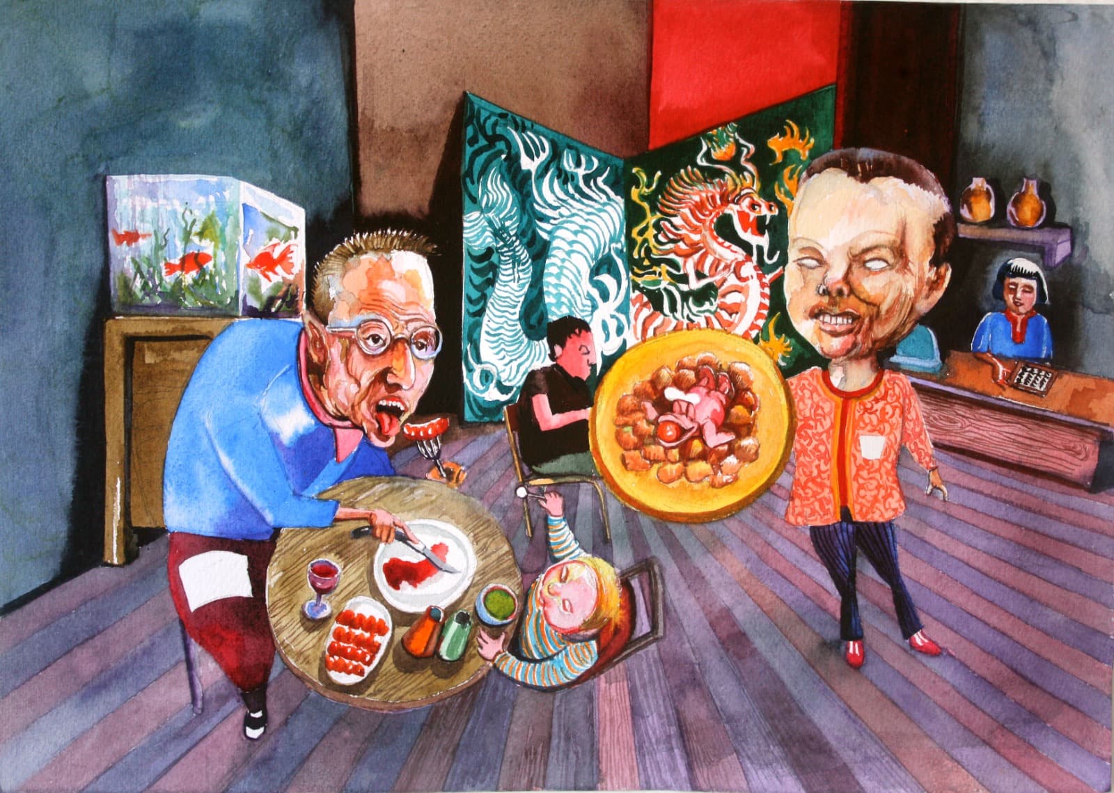 Aquarela de cena imaginária em restaurante com figuras caricatas — Júlio Tigre