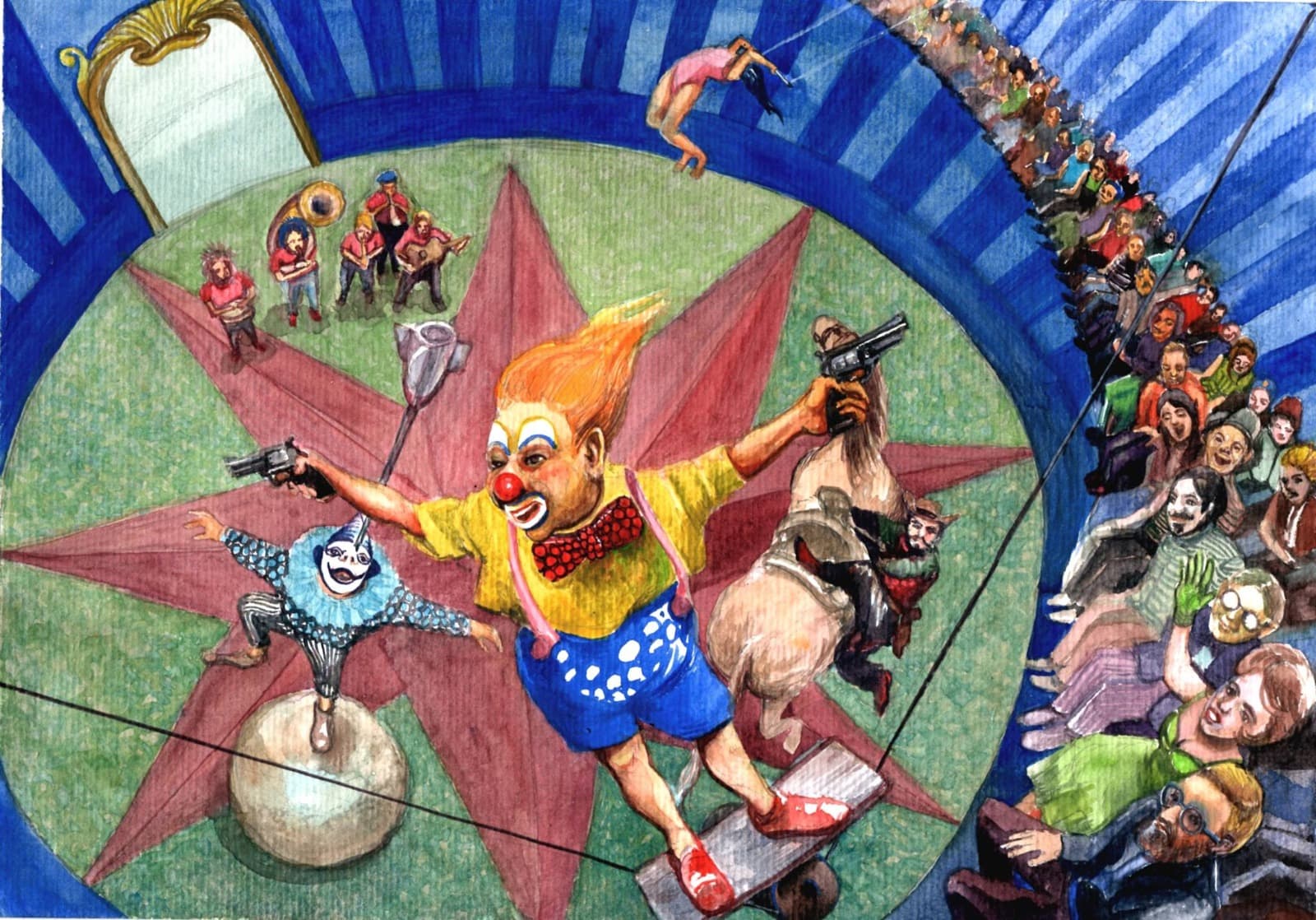 Aquarela de cena circense com palhaços e público — Júlio Tigre