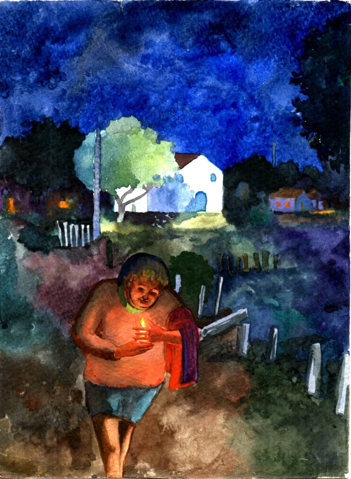 Aquarela noturna de pessoa com uma luz diante de uma casa — Júlio Tigre