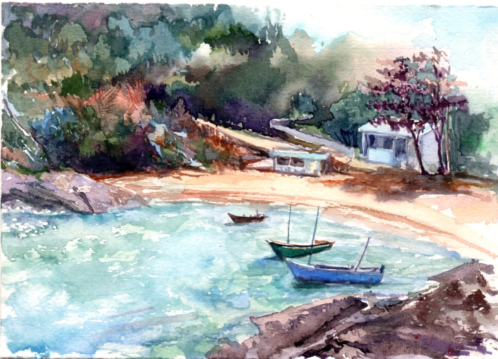 Aquarela de praia com barcos ancorados — Júlio Tigre
