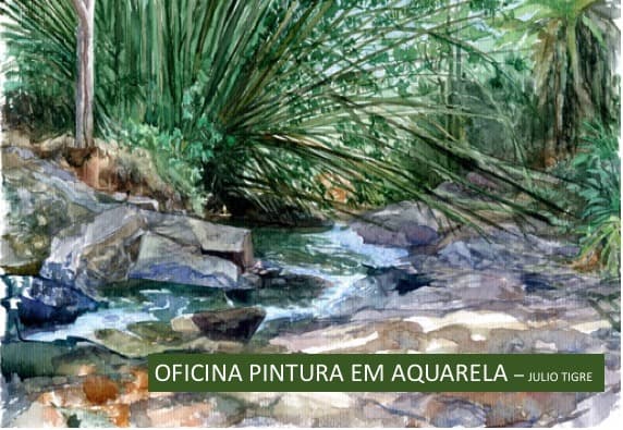 Obra em aquarela de riacho em mata — Júlio Tigre