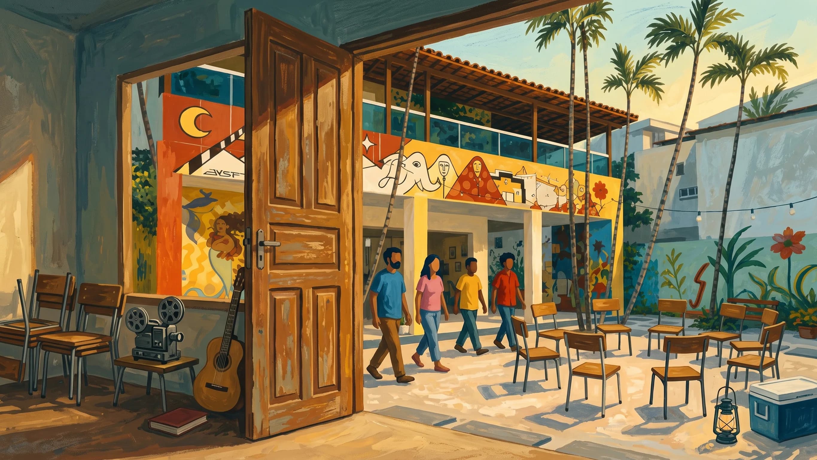 Ilustração editorial: a porta muralada da Casa Sinestésica na Praia do Morro, entre o que já aconteceu e o que vem no segundo ciclo.
