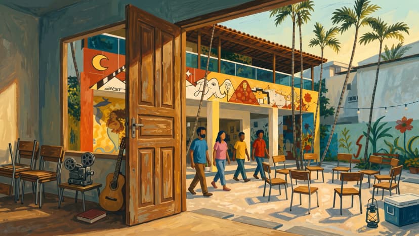 Ilustração editorial: a porta muralada da Casa Sinestésica na Praia do Morro, entre o que já aconteceu e o que vem no segundo ciclo.