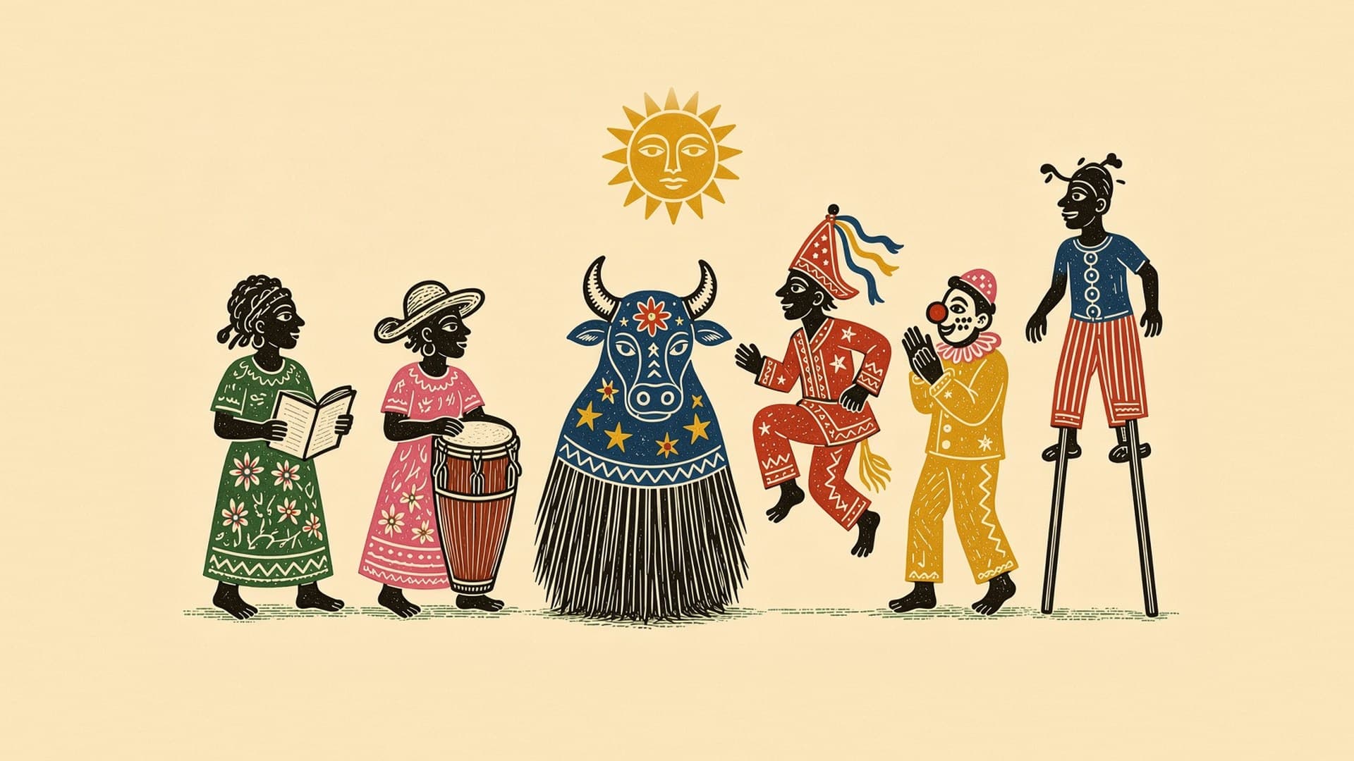 Ilustração em estilo de xilogravura de cordel colorida, em vermelho, amarelo, azul, verde e rosa sobre papel creme: seis brincantes lado a lado sob um sol de rosto. Uma contadora de histórias com um folheto, uma congueira de chapéu tocando tambor, um boi estrelado ao centro, um dançador de cavalo-marinho no salto, um palhaço de nariz vermelho e um perna de pau.