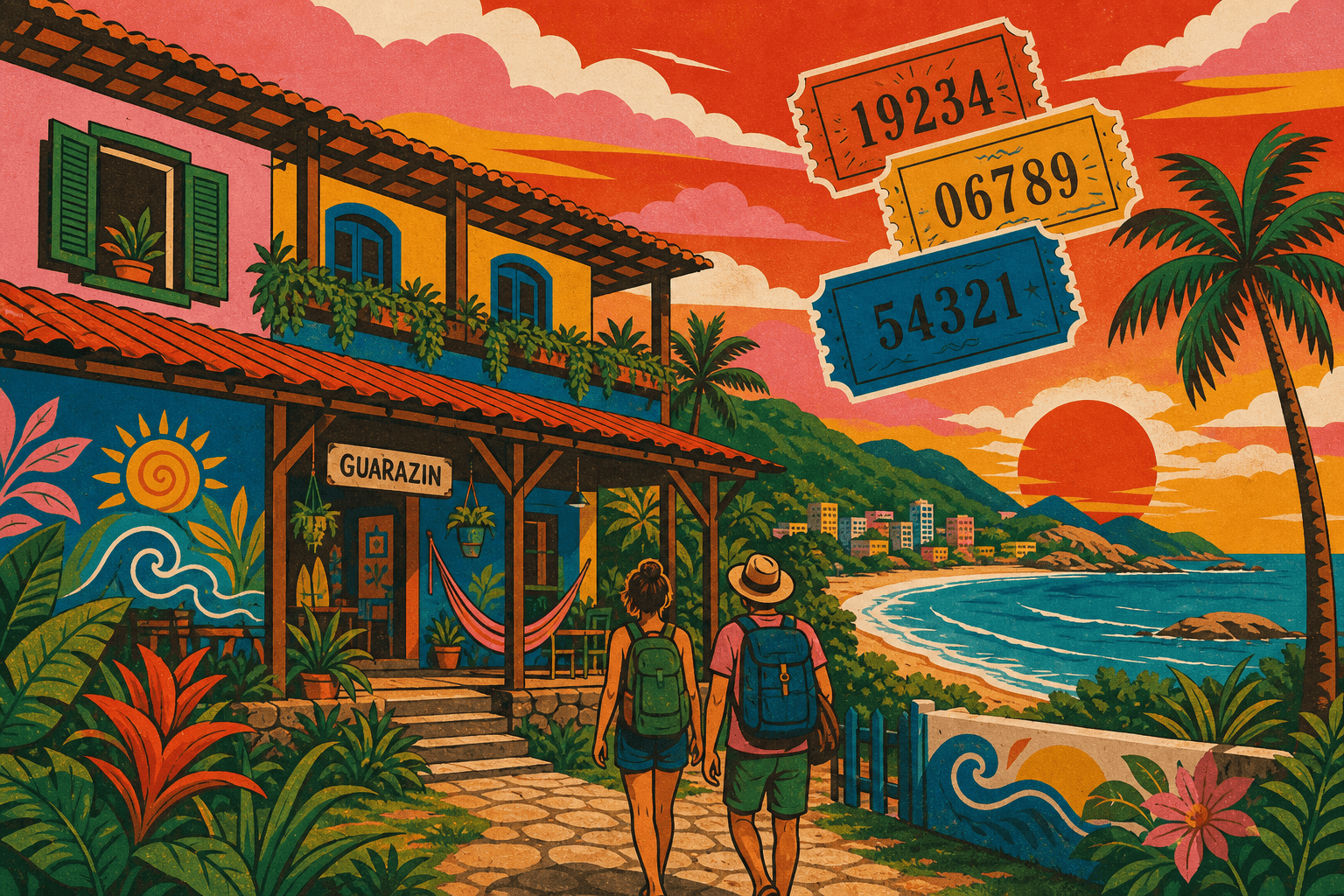Ilustração do Hostel Guarazin em Guarapari — praia, palmeiras e viajantes