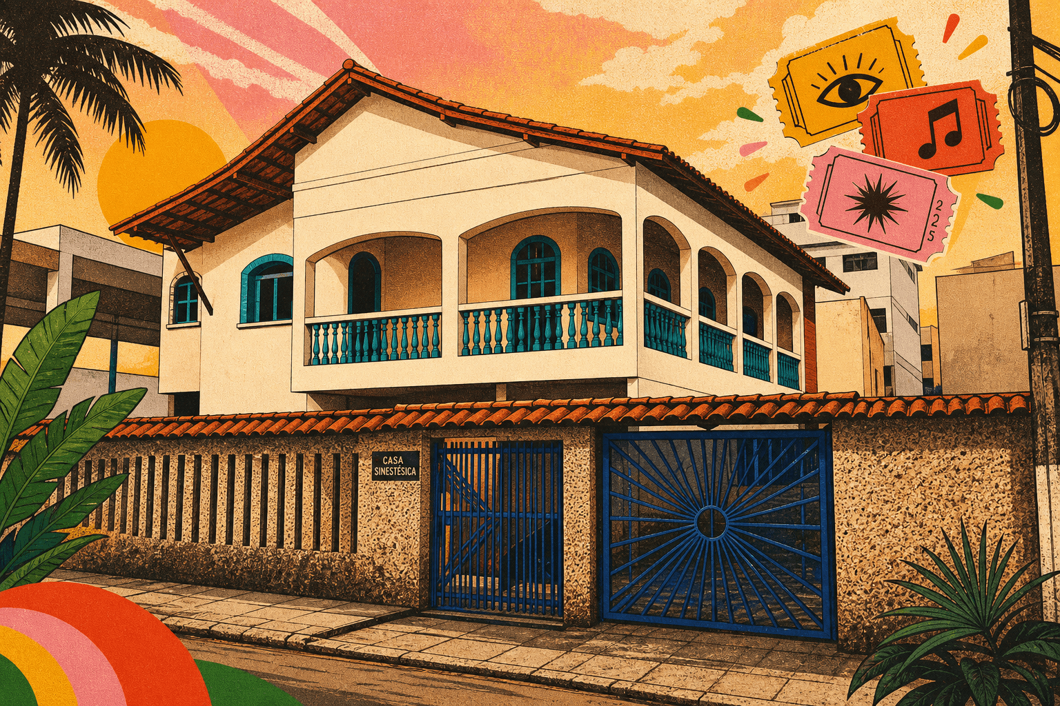 Ilustração estilizada da Casa Sinestésica em Guarapari — sede do Hostel Guarazin